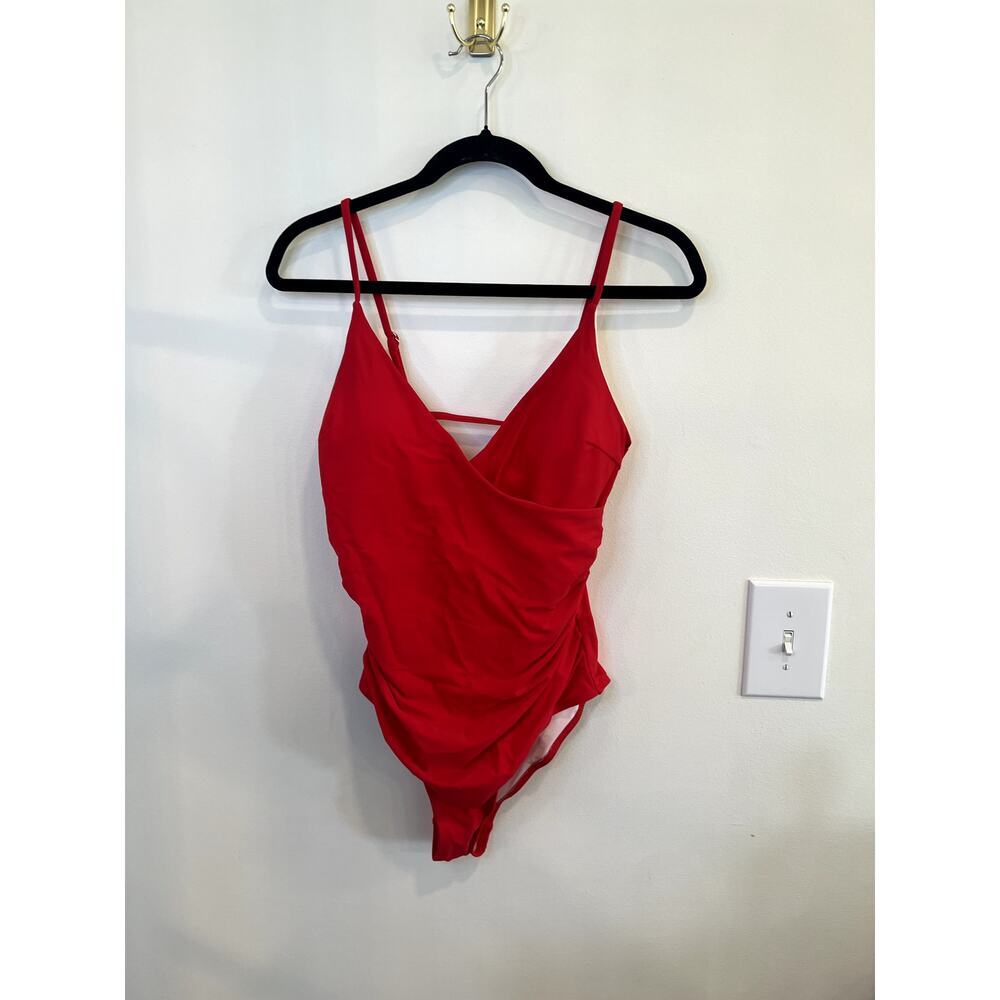 SUUKSESS Red One Piece Swimsuit Ruched Strappy Back Swimwear Medium